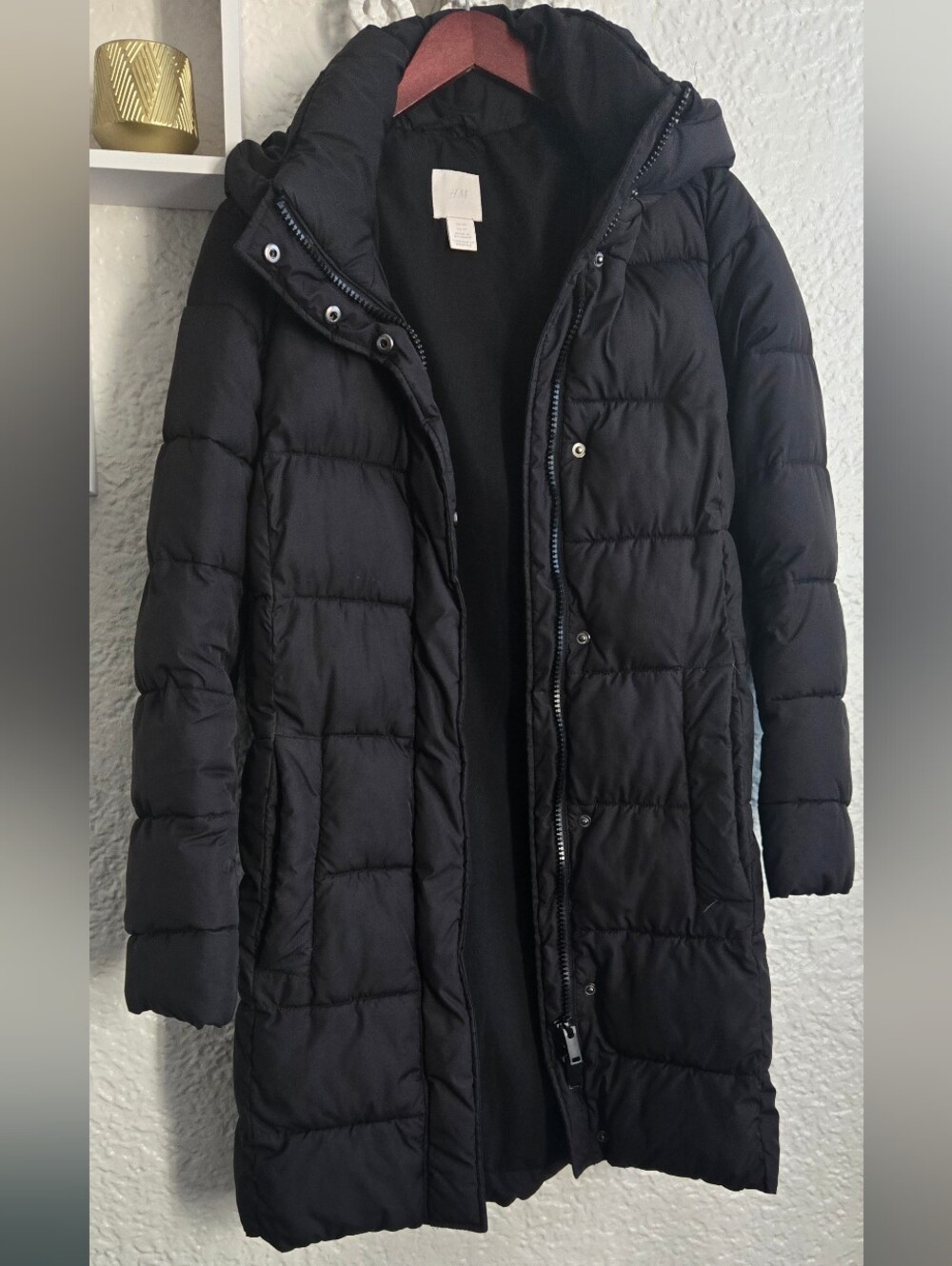 H&M Black Long Puffer Coat with Hood - Women